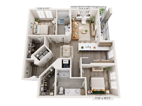 A floor plan of a two-story apartment with a living room, kitchen, and bathrooms.